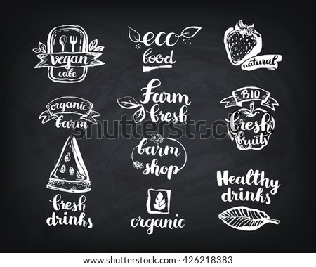 Hand-Drawn farm fresh logo set. Label collection of organic eco company, vegetarianets, bio labels. For vegetarian restaurant, vegan cafe menu, restaurant menu, organic shops, markets. Inc lettering