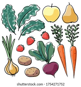 Hand-drawn farm produce set. Local fruits and vegetables. Kale, apple, pear, onion, strawberry, potato, beetroot, carrot. Hand-painted vector illustration with black ink outlines.