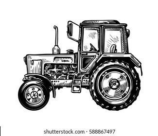 Hand-drawn Farm Truck Tractor. Transport Sketch Vector Illustration