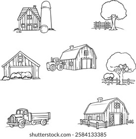 Hand-drawn farm vector illustrations featuring barns, tractors, windmills, farmhouses, trees, and rural elements. Perfect for agriculture designs, farm-themed projects, and coloring books.