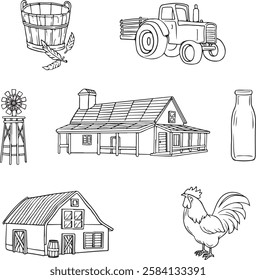 Hand-drawn farm vector illustrations featuring barns, tractors, windmills, farmhouses, trees, and rural elements. Perfect for agriculture designs, farm-themed projects, and coloring books.