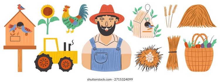 Conjunto de Vector de granja dibujado a mano. Colección de la cosecha con un granjero amigable, tractor y pajarera rústica. Colección gráfica agrícola
