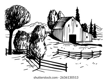 Hand-drawn farmhouse. Vector sketch illustration. 