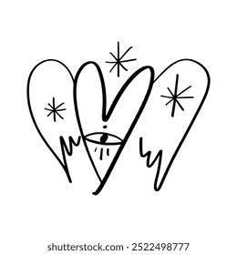 Hand-drawn fashion black isolated angel wings heart with eye face. Brush, ink. Decor element. Valentine's day card, pattern element and love symbol. Vector, clipart.