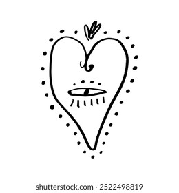 Hand-drawn fashion black isolated heart with eye face. Brush, ink. Decor element. Valentine's day card, pattern element and love symbol. Vector, clip-art.