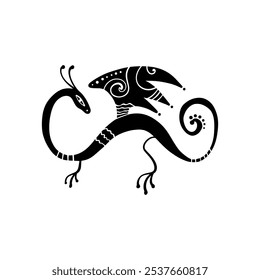 Hand-drawn fashion black isolated little dragon. Brush, ink decor element. Vector, clipart.