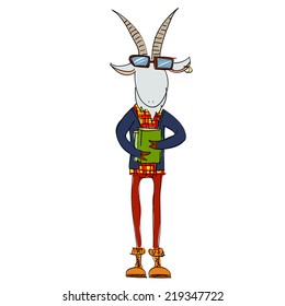 Hand-drawn fashion goat dressed in a casual style with books, isolated