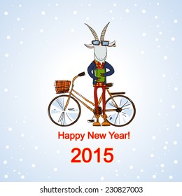 Hand-drawn fashion goat dressed in a casual style, with bicycle and books