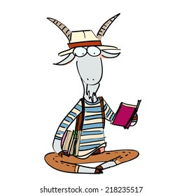 Hand-drawn fashion goat dressed in the style of a casual reading of the book, isolated