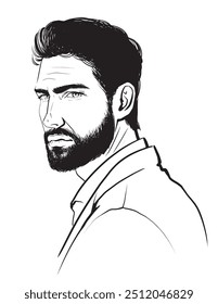 hand-drawn fashion illustration of attractive man with beard