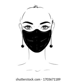 Hand-drawn fashion illustration. Beautiful woman in black medical mask.Vector EPS 10.