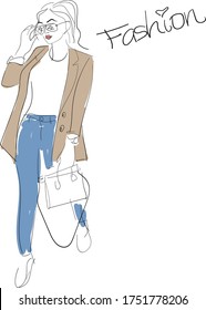 
Hand-drawn fashion illustration with a standing fashionable girl in a skirt, handbag. Fashionable clothes. Fashionable sketch