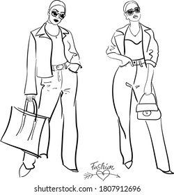 Hand-drawn fashion illustration with a standing fashionable girl in a pants, handbag. Fashionable clothes. Fashionable sketch