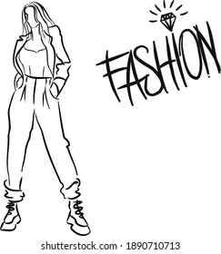 Hand-drawn fashion illustration with a standing fashionable girl in a
jacket suit pants. Fashionable clothes. Fashionable sketch