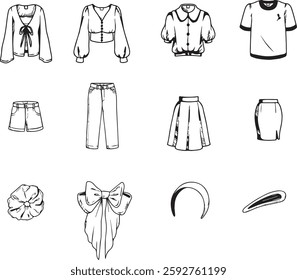 Hand-Drawn Fashion Items in Black Outline Vector Icon Set