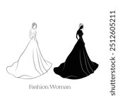 Hand-drawn Fashion lady art, Vector illustration of tall lady, An art for creating fashion design logo