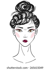 Hand-drawn fashion make up and hairstyle trend illustration. Women face. Vector fashionable design.