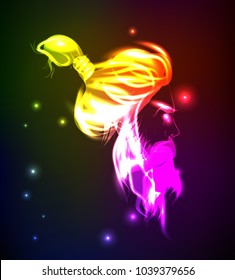 Hand-drawn fashion men from a neon. Vector illustration. A light man's face.