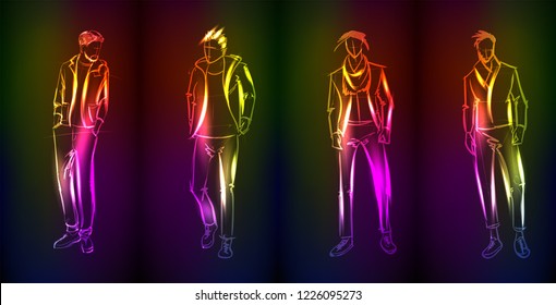 Hand-drawn fashion model from a neon. A light man