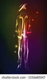 Hand-drawn fashion model from a neon. A light men. Fashion men. Stylish fashion model. Fashion illustration