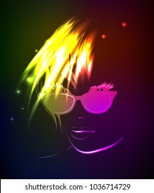 Hand-drawn fashion model from a neon. Vector illustration. A light girl's face.