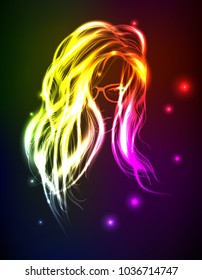 Hand-drawn fashion model from a neon. Vector illustration. A light girl's face.