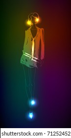 Hand-drawn fashion model from a neon. Vector illustration. A light girl's