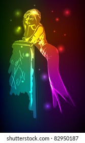 Hand-drawn fashion model from a neon. Vector illustration. A light girl's
