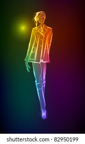 Hand-drawn fashion model from a neon. Vector illustration. A light girl's