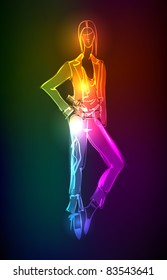 Hand-drawn fashion model from a neon. Vector illustration. A light girl's