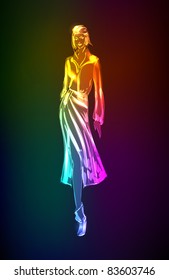 Hand-drawn fashion model from a neon. Vector illustration. A light girl's