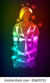 Hand-drawn fashion model from a neon. Vector illustration. A light girl's
