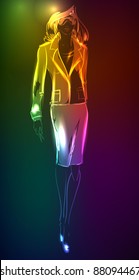 Hand-drawn fashion model from a neon. Vector illustration. A light girl's