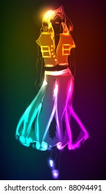Hand-drawn fashion model from a neon. Vector illustration. A light girl's