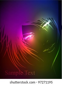 Hand-drawn fashion model from a neon. Vector illustration. A light girl's face.