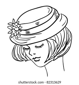 Hand-drawn fashion model. Vector illustration. Woman's face a hat