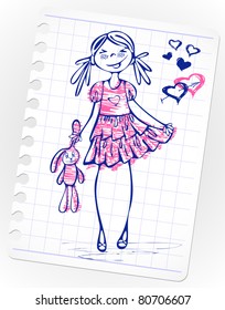 Hand-drawn fashion smile girl. Vector doodles on lined paper. Sketchy illustration of a cartoon girl model.