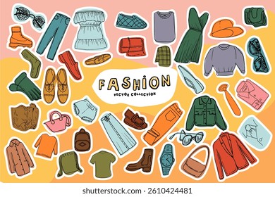 Hand-drawn fashion vector set with trendy dresses, jackets, shirts, skirts, pants, shoes, and accessories. Perfect for creative projects.