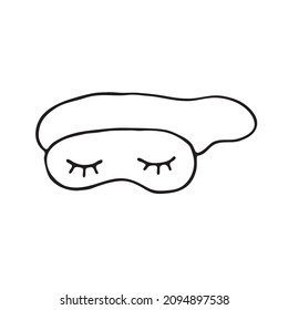 A hand-drawn fashionable illustration of a sleeping mask with closed eyes. Doodle style. Vector image with a black outline on a white background
