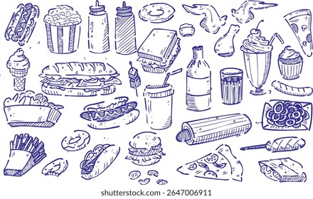 Hand-drawn fast food doodle set featuring burgers, pizza, fries, sandwiches, hot dogs, wings, soda, popcorn, ice cream, donuts, cupcakes, and snacks. Great for menus, packaging, party posters.