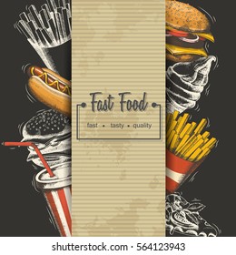 Hand-drawn Fast food menu. Background with food for menu and advertising or packaging. Sketch. Vector design
