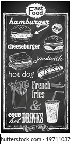 hand-drawn fast food menu on chalkboard