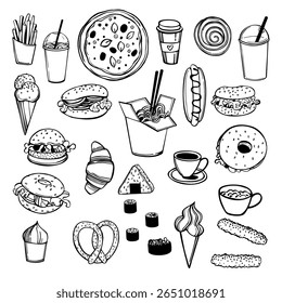 Hand-drawn fast food set. Vector sketch  illustration. 