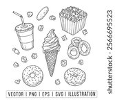 Hand-Drawn Fast Food and Snack Vector Illustration - Ice Cream, Donuts, Fries, and More