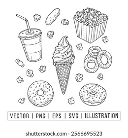 Hand-Drawn Fast Food and Snack Vector Illustration - Ice Cream, Donuts, Fries, and More