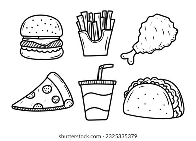 Hand-drawn fast food vector illustration isolated on white background. Fast foods doodle 