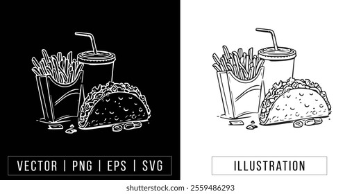 Hand-Drawn Fast Food Vector Illustration: Taco, Fries, and Soda in Black and White