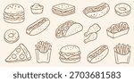 Hand-drawn fast food vector set — burgers, hot dogs, tacos, fries, pizza slice, donuts, chicken wings and snacks. Perfect for menus, stickers, packaging and street food branding