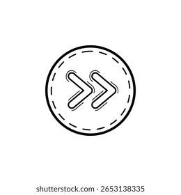 Ícone de botão Avançar ou Próximo Desenhado à Mão. Ilustração vetorial em estilo de rabiscar de um símbolo de seta dupla para a direita dentro de um círculo tracejado. Isolado em um plano de fundo branco para design de interface do usuário.