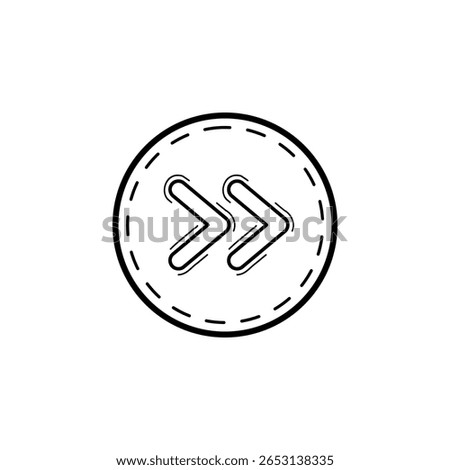 Hand-drawn fast forward or next button icon. Doodle style vector illustration of a double right arrow symbol inside a dashed circle. Isolated on a white background for user interface design.